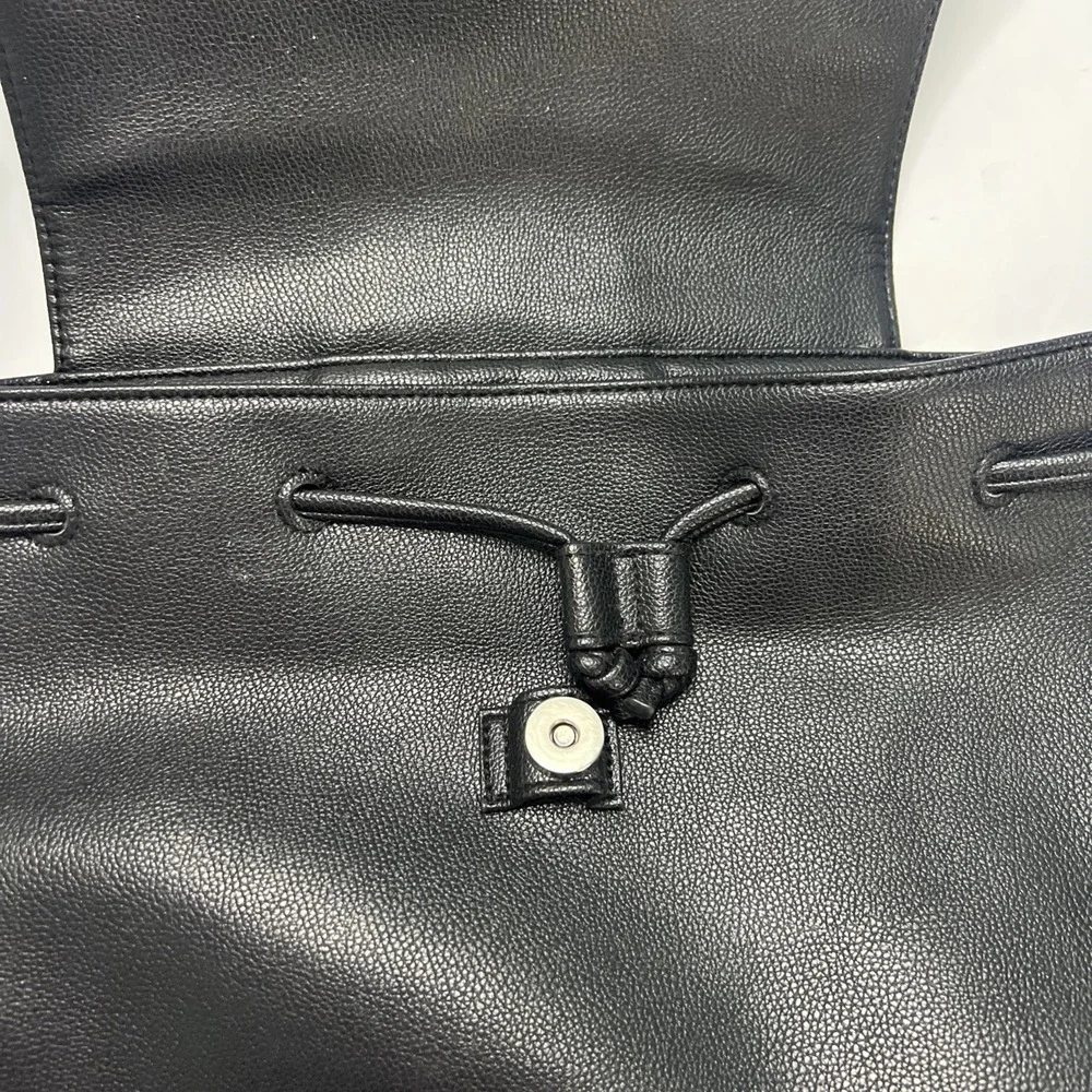 Victoria Secret Black Faux Leather Backpack Tote Bag Snap Close With Drawstring